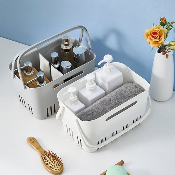 Cesta organizadora de ducha de baño portátil con asa | Bolsa de plástico con orificios de drenaje | Blanco Gris | Almacenamiento multiusos para artículos de tocador de baño | 25x16x16,7cm | 1