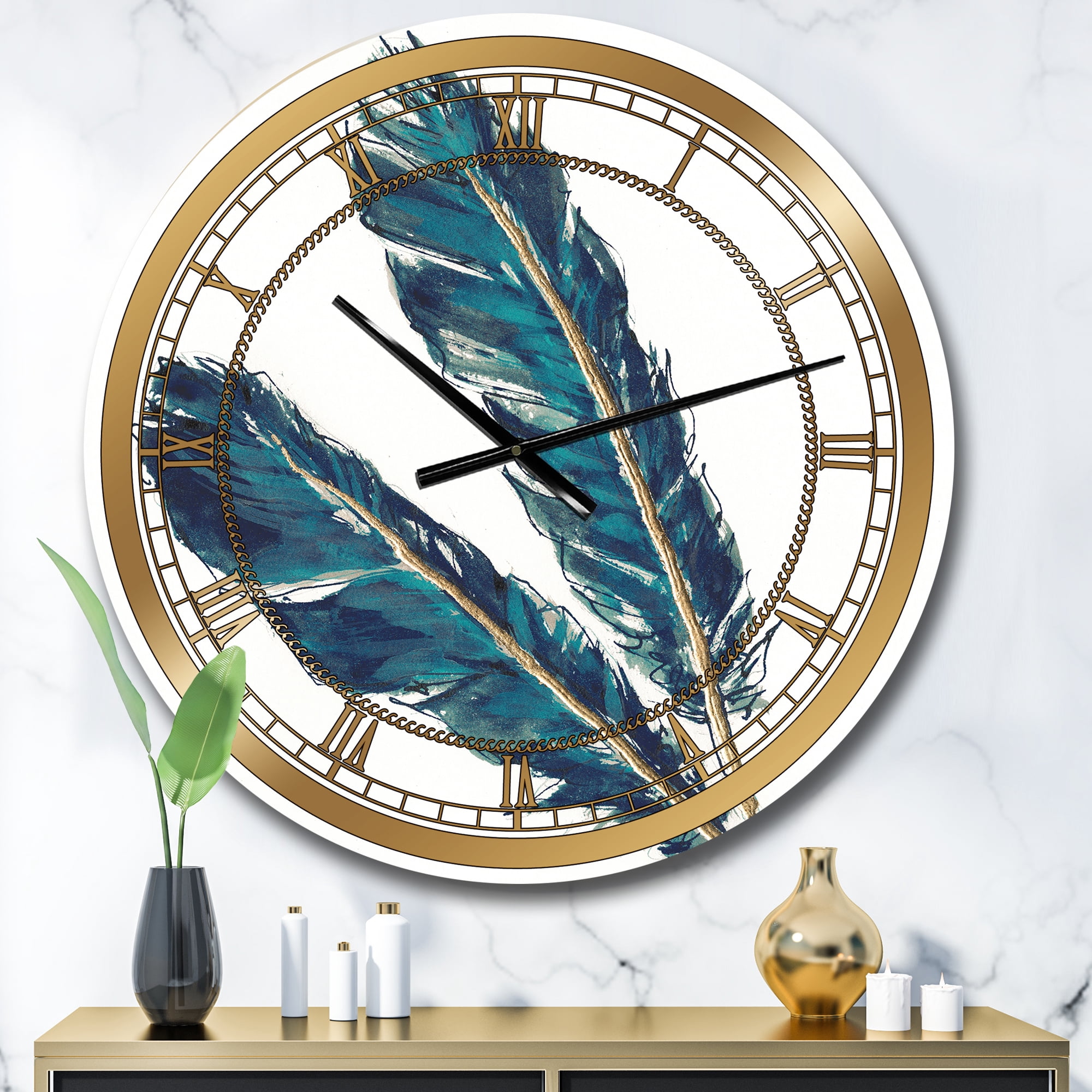 Designart 'Gold Indigo Feathers III' Glam wall clock
