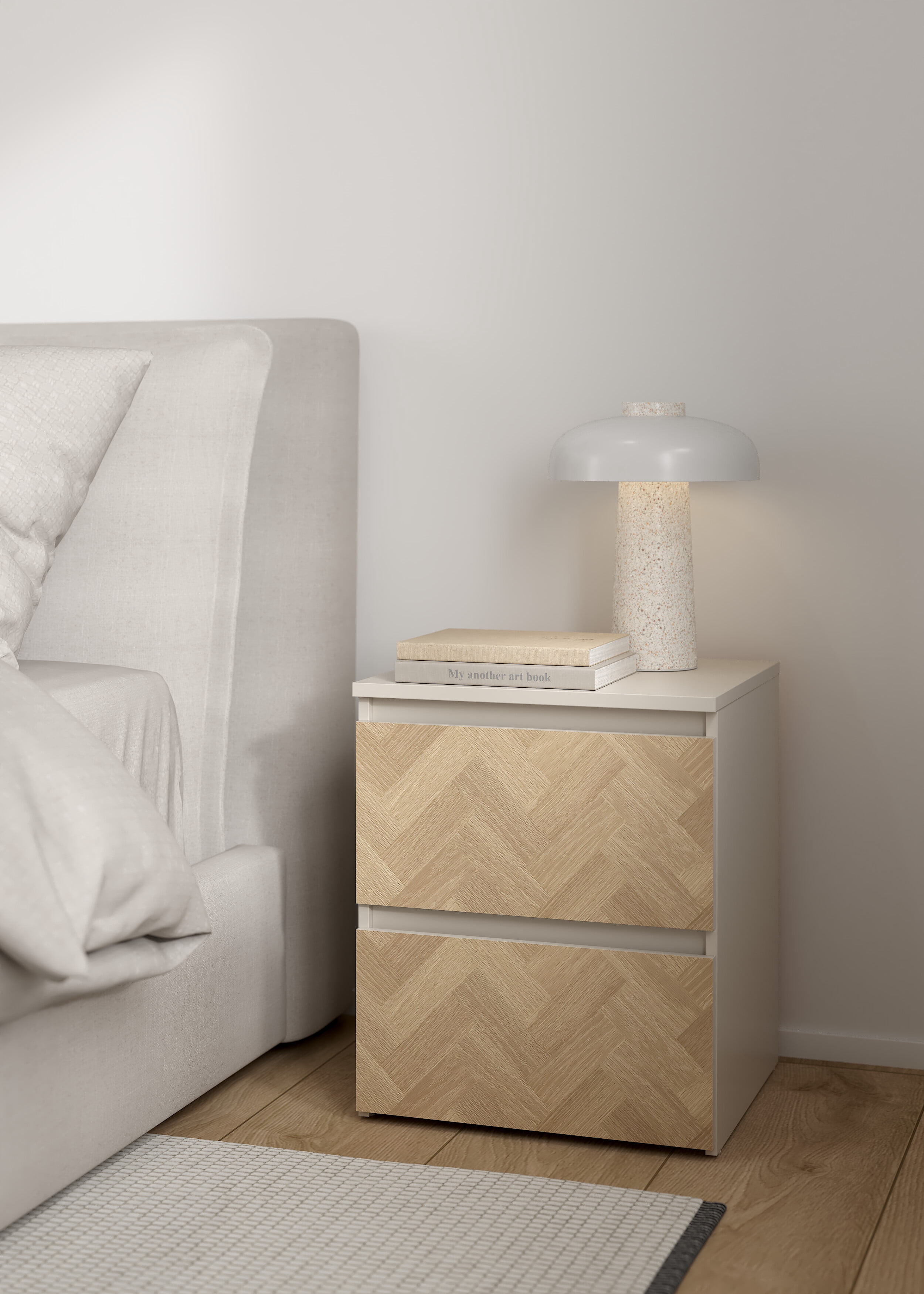 Tvilum 2 Drawer Herringbone Nightstand with Handle-Free Drawers, Soft Beige / Herringbone