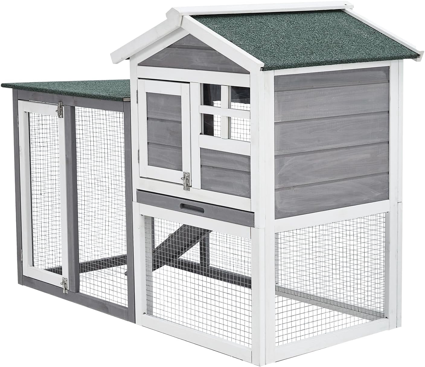 Furvclv 48" Wooden Rabbit Hutch for Small Animals, 2 Lockable Doors Animal Enclosure with Weather-Resistant Small House & Open Courtyard, Outdoor Bunny House with Wire Fence and Cleaning Tray
