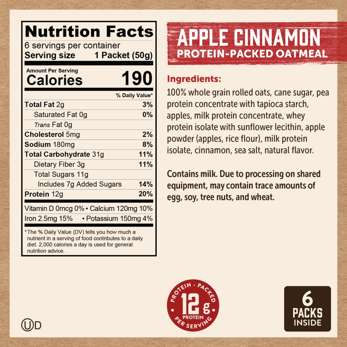 (3 pack) Kodiak Protein-Packed Apple Cinnamon Instant Oatmeal Packets, 1.76 oz (6 Count)