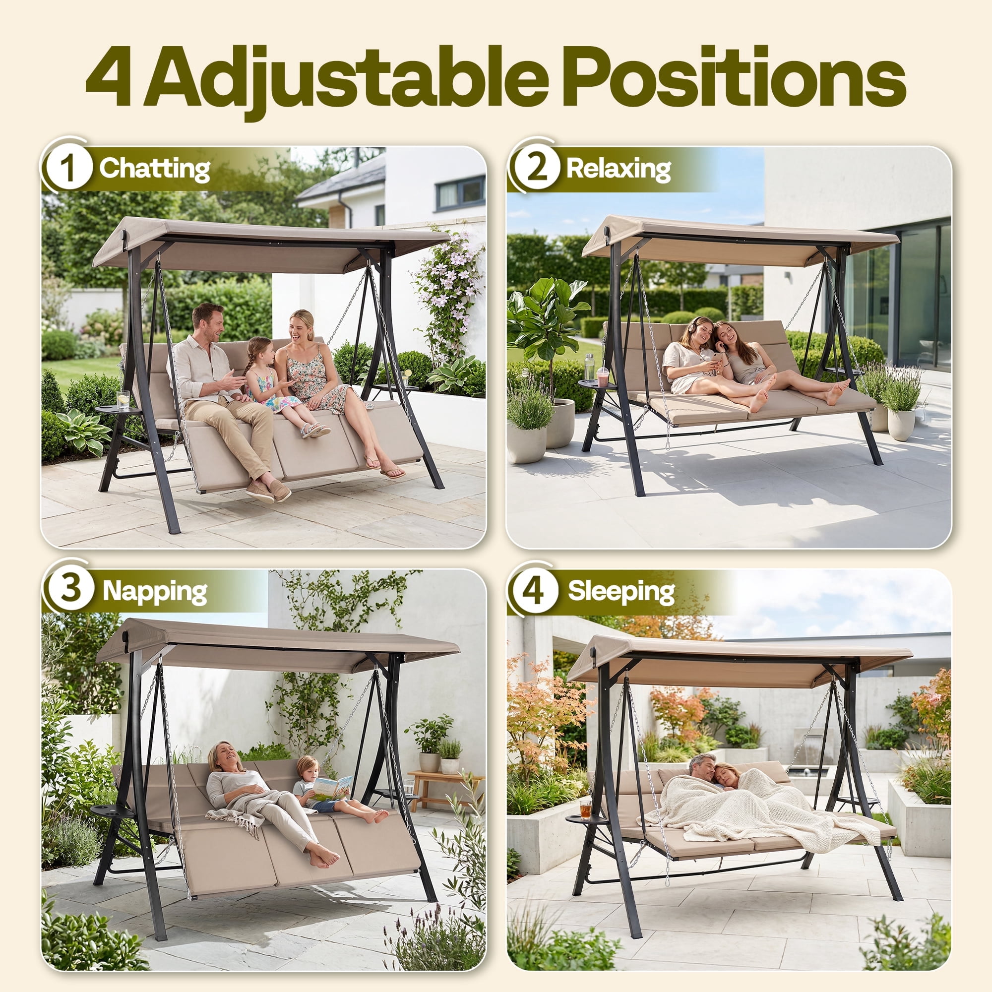 SPECSTAR 3 Seats Patio Swing Chair, Outdoor Steel Frame Porch Canopy Swing Chair w/ Adjustable Canopy&Cushion,Swing Glider Hammock for Patio Garden