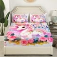 thumbnail image 3 of Ensemble de Draps Roses Unicorn, Ensemble de Draps à Fleurs Roses Simple, Draps Château de Rêve Cheval Mignon Dessin Animé Animal Drap Plat Ajusté, Décoration de Chambre Kawaii, 3 of 4