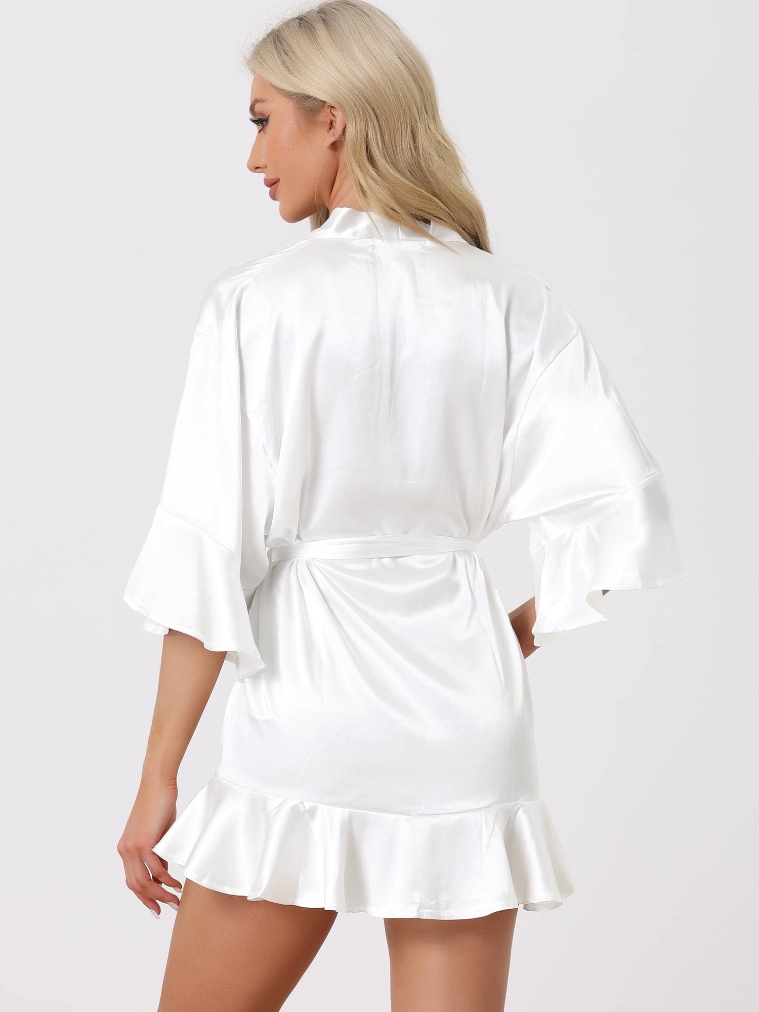 DARING DIVA Women's Satin Silky 3/4 Sleeves Tie Waist Loungewear Robes S White