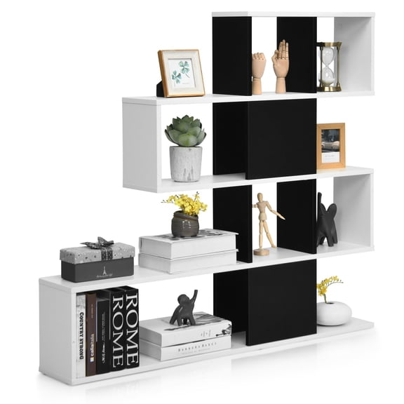 Bookshelf Corner Ladder Bookcase 5-Tier Display Storage Rack Black White