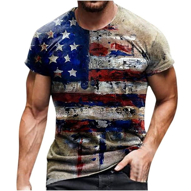 Mens Patriotic T-Shirts American USA Flag Short Sleeve Retro Skull ...