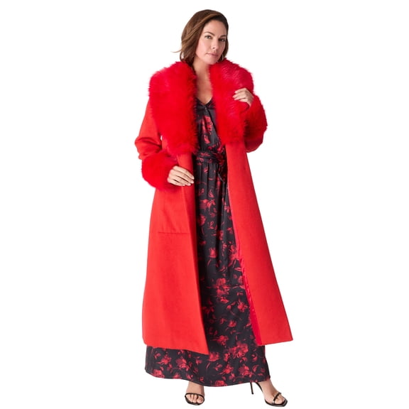 Roaman's Women's Plus Size Wool Blend Coat With Faux Fur Trim
