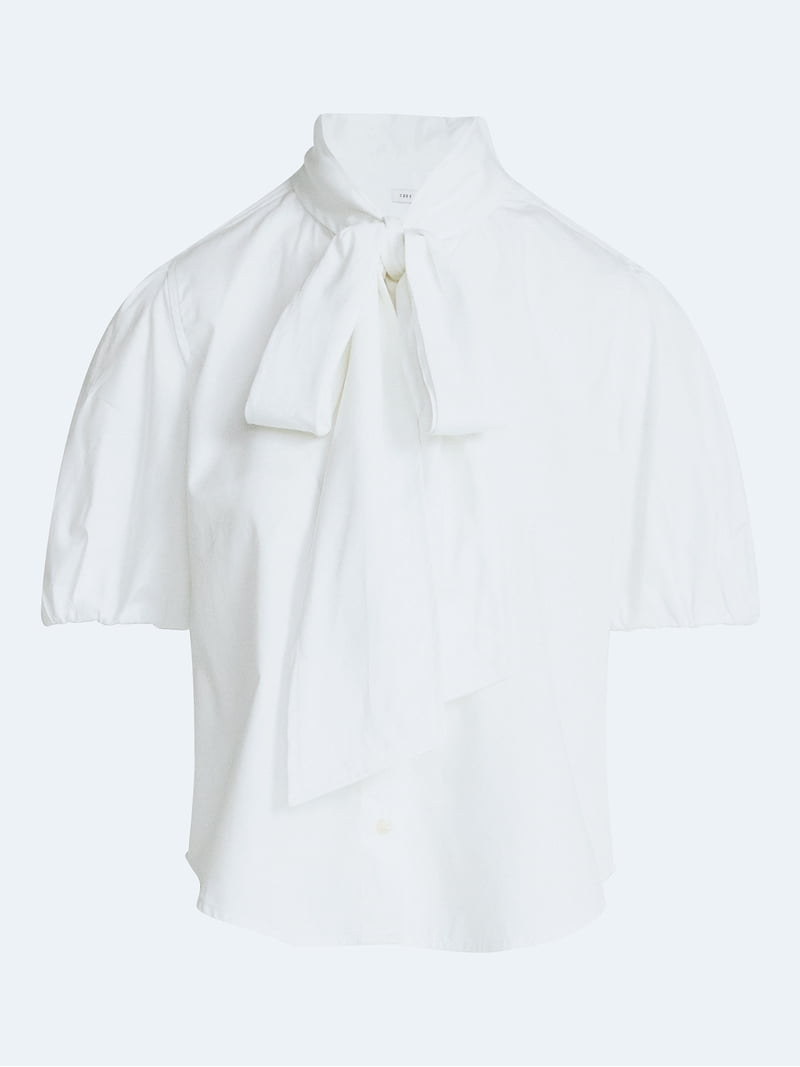 Free Assembly Women's Cotton Bow Blouse with Short Puff Sleeves