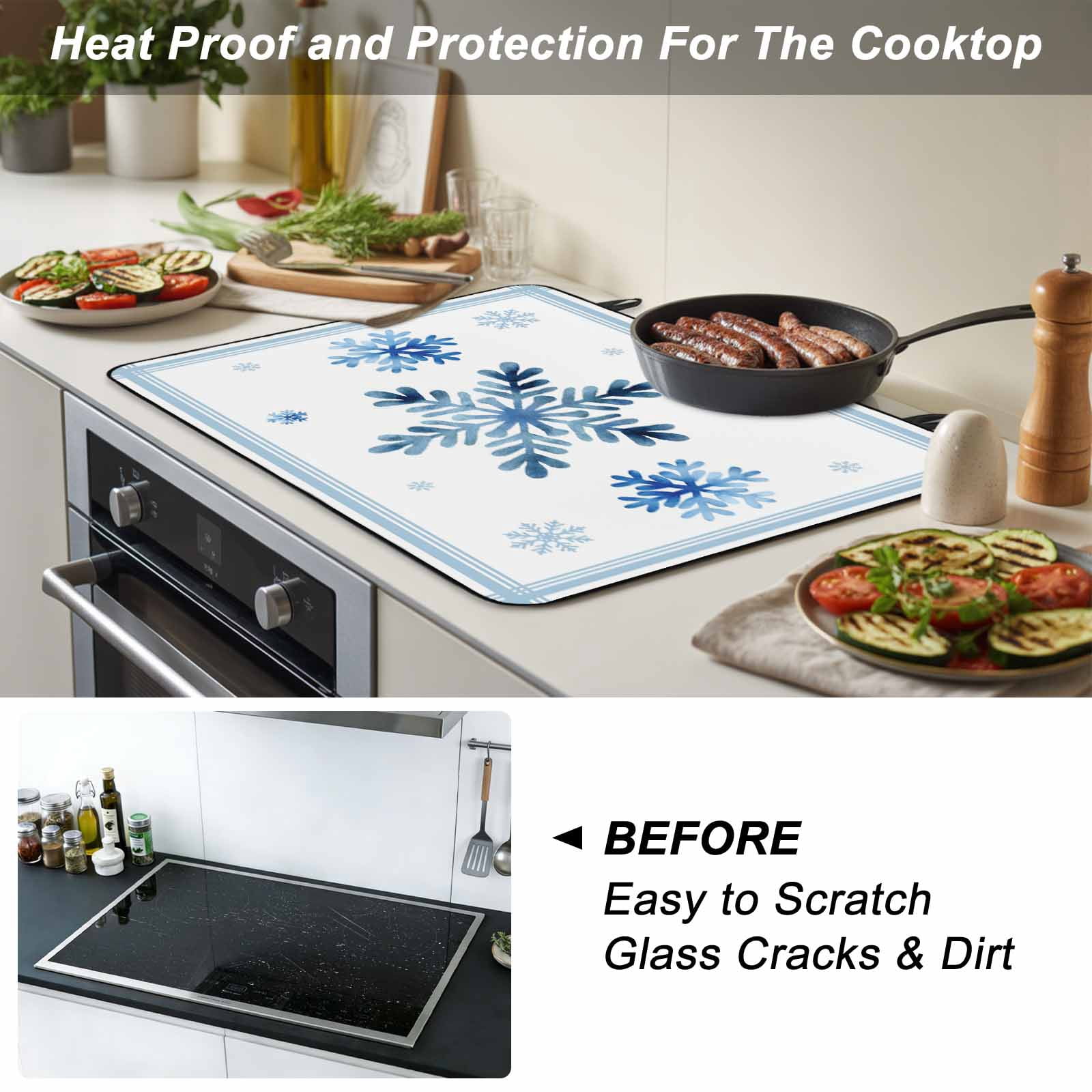 Navy Blue Snowflake Stove Top Cover for Electric Stove, Heat-proof & Non Slip Glass Top Stove Cover Protector, Christmas Winter Vintage White Stripes Kitchen Flat Cooktop Rubber Mat 24x21 Inches