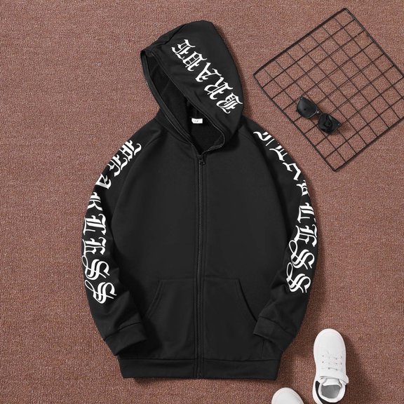 RTKFRFLM Boys Full Zip Hoodie Jacket Graphic Letter Print Hooded Sweatshirt Winter Fall Heavyweight Outerwear Coat for Kids