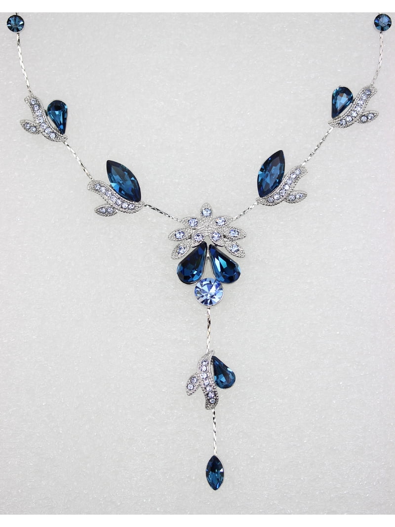 Faship Rhinestone Crystal Floral Necklace & Earrings Set - Sparkling Dangle Set, Pink