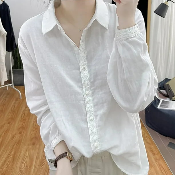 MHFRRA Camisa de Manga Larga con Panel de Encaje de Lino para Mujer, Blusa Holgada Vintage con Capas Blanco
