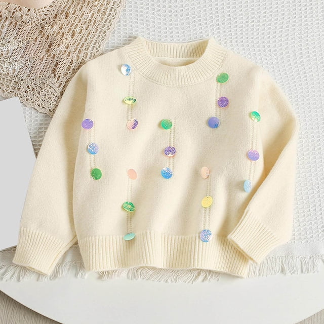 Suéter de cuello redondo, moderno y versátil, de manga larga con lentejuelas y cuello redondo para niñas de 3 a 9 años. Chaqueta tipo cárdigan infantil.
