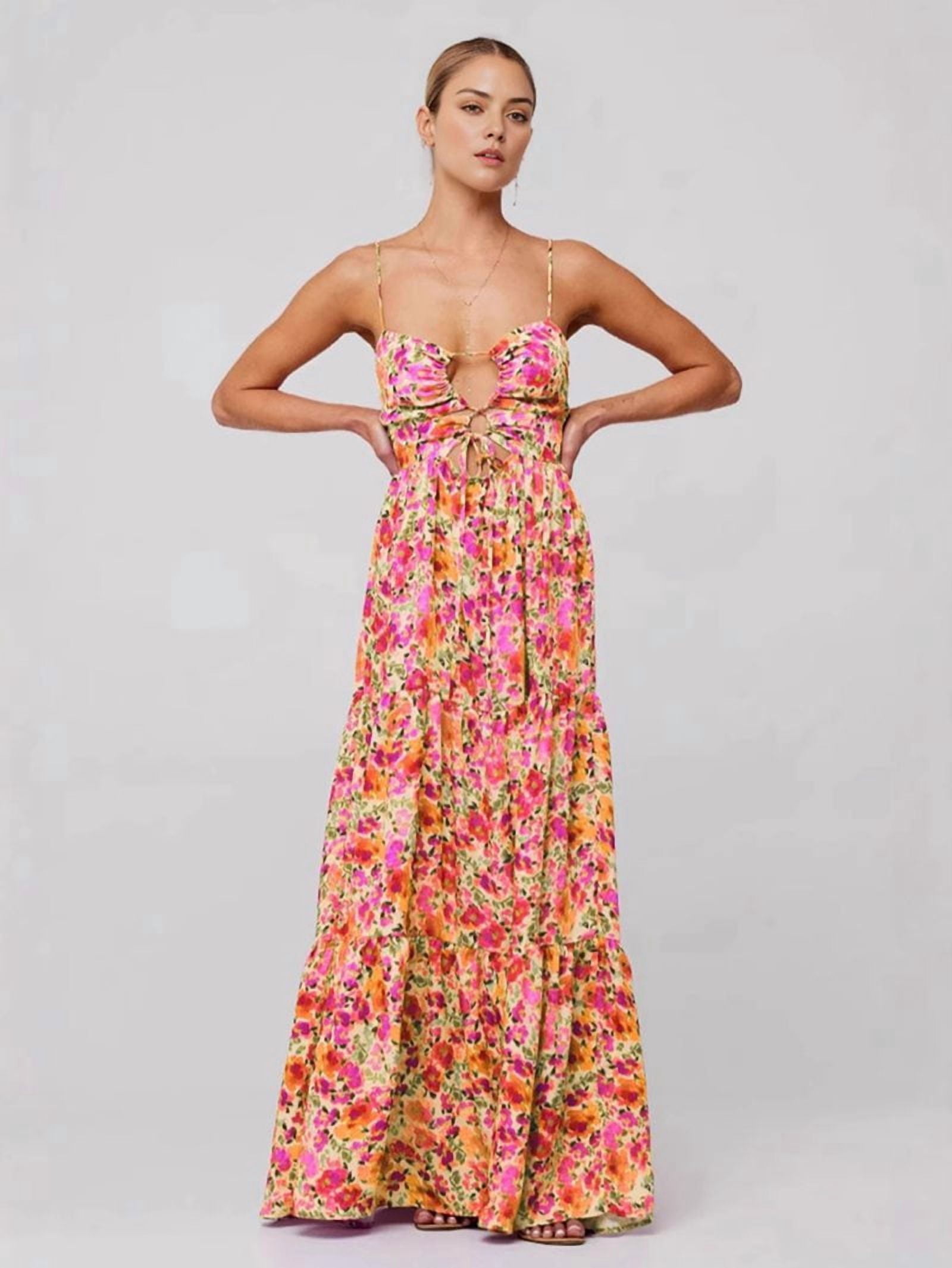 Summer Floral Women Spaghetti Straps Hollow Out Tie Front Maxi Dress Flowy Smocked - Dress Pink Orange M