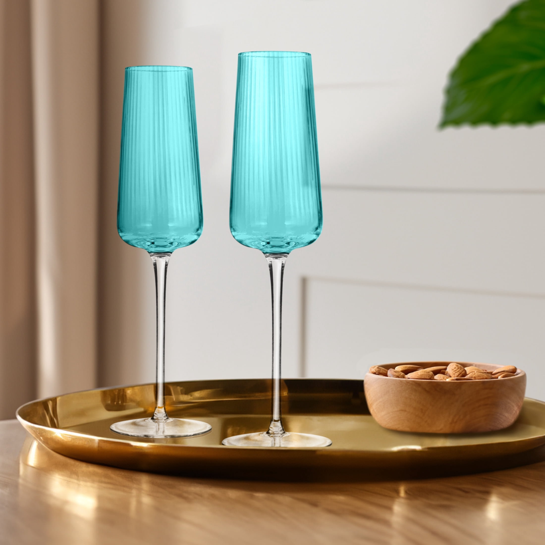 Artland Soho Optic 8.5 oz Champagne Flute & 14 oz Goblet (8-Piece Set) - Stemmed Glasses for Weddings, Parties - Versatile Use Cocktails, Prosecco, Wine Ideal Gift Idea, Dishwasher Safe (Turquoise)