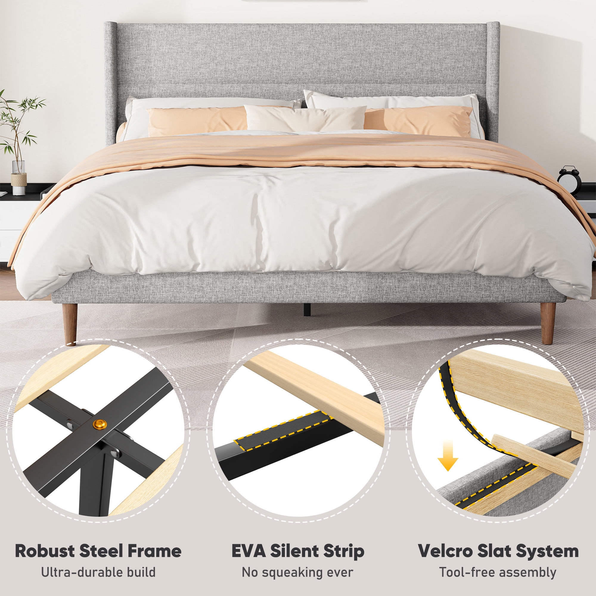 Frostbloom Queen Size Platform Bed Frame, Linen Upholstered Wingback Headboard, Light Gray