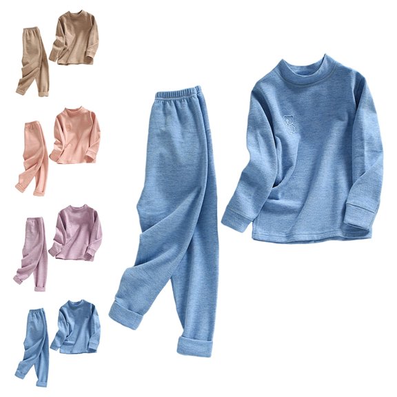 WAVSUF Boys Girls Outfits 2 Piece Long Sleeve Crew Neck Top and Elastic Waist Pants Fall Winter Base Home Cotton Sets Blue 7-8