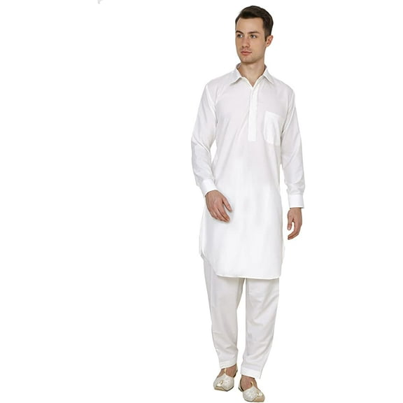 Royal Mens Neck Thread Embroidered Off-White Classic Collar Polycotton Pathani Kurta and Salwar