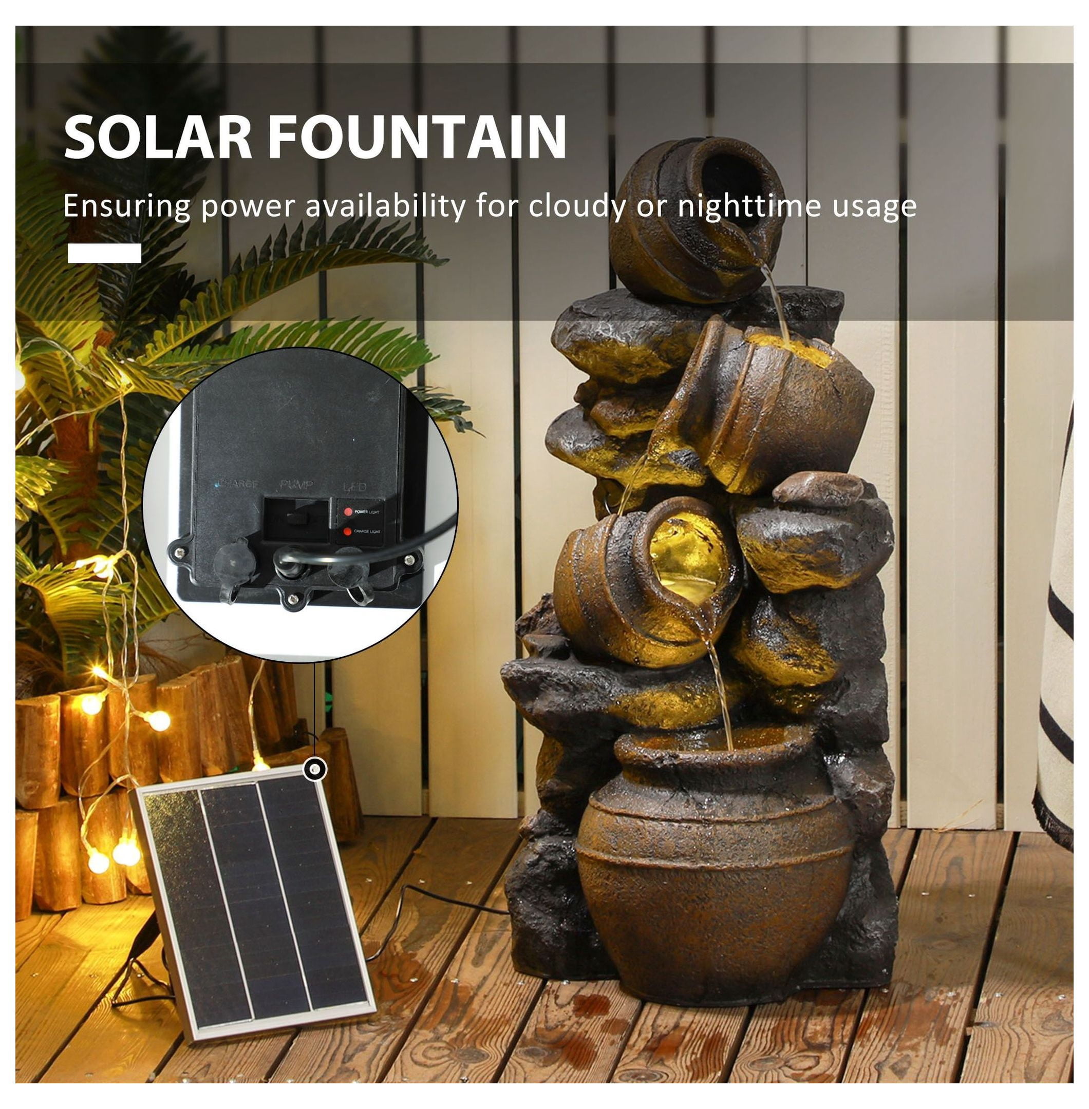Solar Water Fountain 28.3" 4-Tier Outdoor Fountain with LED Lights, Resin Cascading Garden Decor