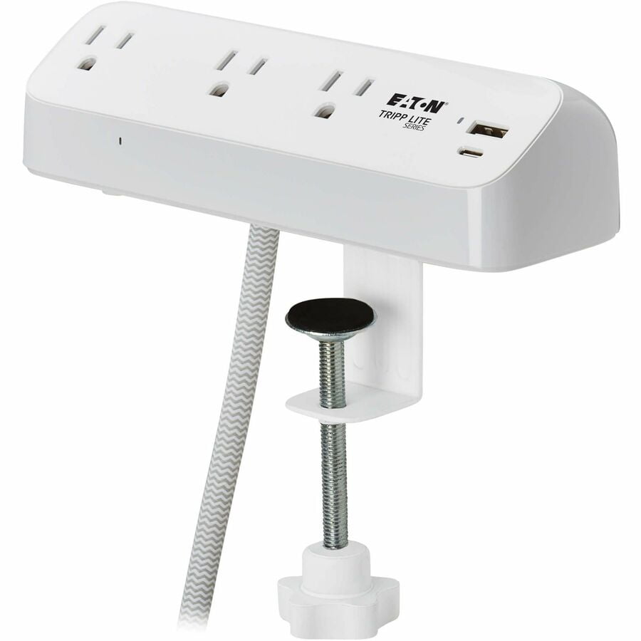 Eaton Tripp Lite Series Protect It! 3-Outlet Surge Protector with USB-A and USB-C Ports, 5-15R Outlets, 900 Joules, 20W PD Charging, Desk Clamp, 8 ft. (2.4 m) Braided Cord, White