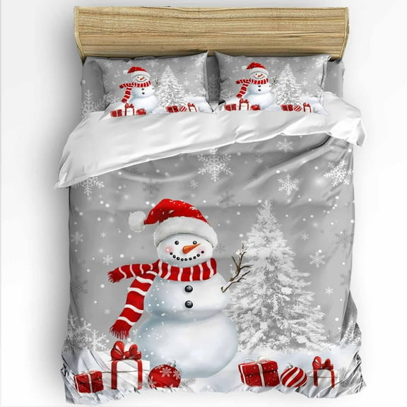 Christmas Snowman Queen Size Comforter Set, Red Snowman Xmas Tree Snowflakes Grey Soft Bedding for All Seasons, 4 Pcs Bed Set with 1Comforter (90"x92") ,1 Sheet(94"x116"), 2 Pillowcases (19"x29")