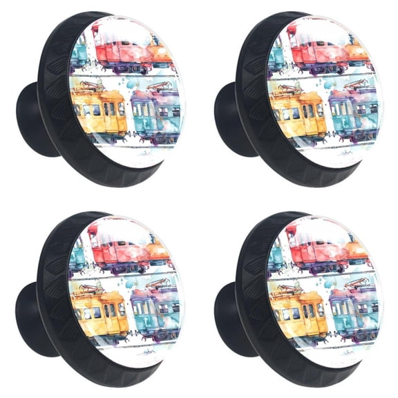 4 Pcs Watercolor Train Print Cabinet Knobs 30mm Round Crystal Glass Drawer Handles Pulls with Screws for Kitchen Cupboard Wardrobe Closet Dresser, Home&Office