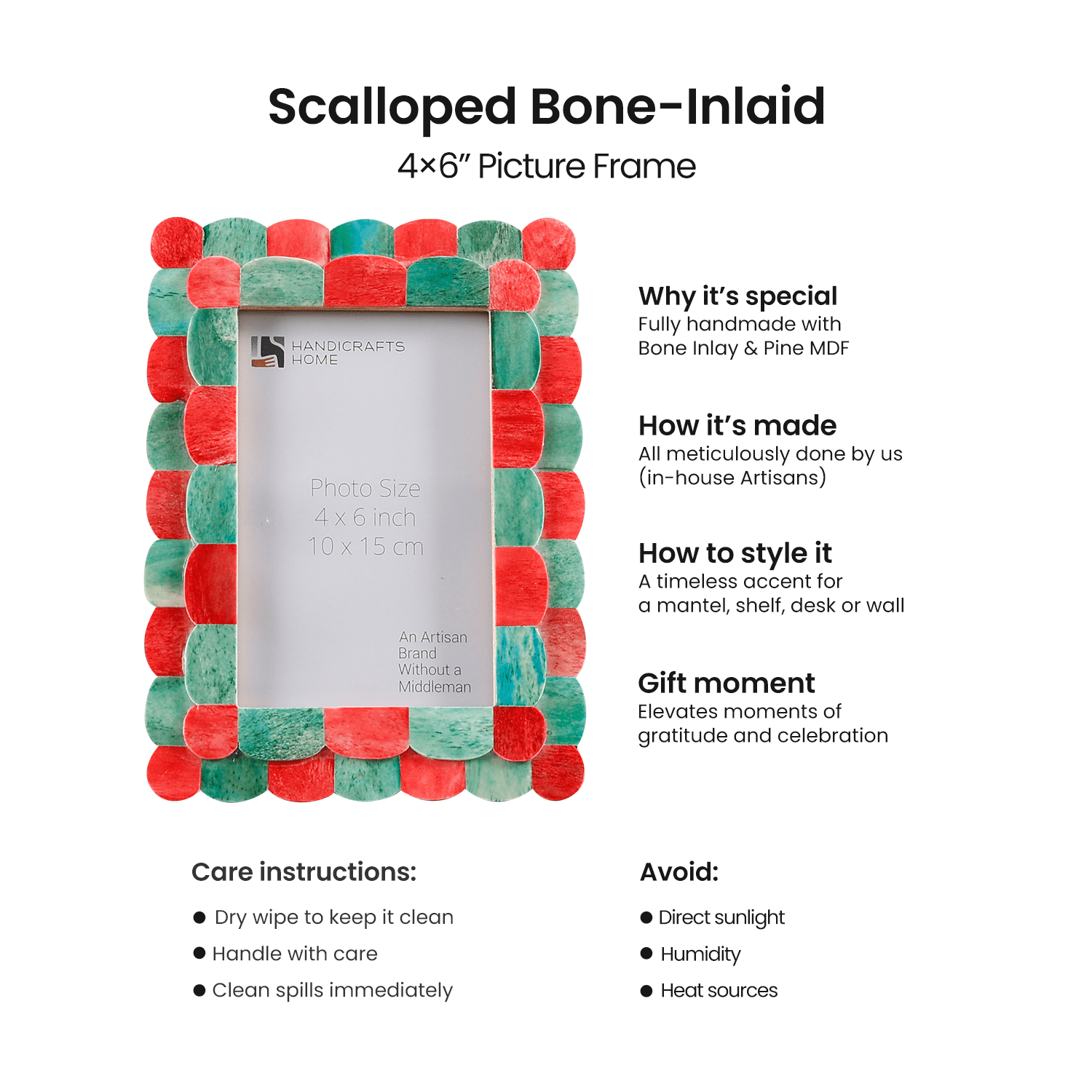 Handicrafts Home 4x6 Picture Frame, Green Red Handmade Scallop pattern Bone inlay Photo Frame for Wall & Tabletop, Farmhouse Vintage Home Decor, Gallery Wall & Desk Decor, Family Picture Frame
