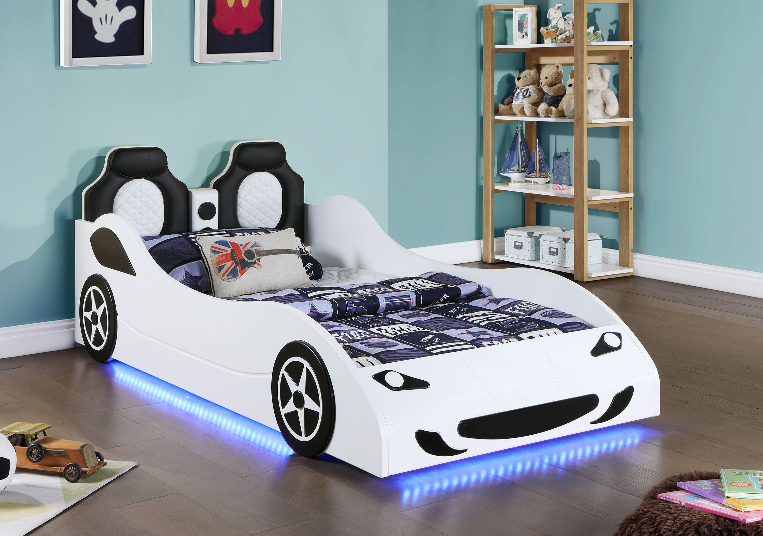 Coaster Cruiser Wood Twin LED Race Car Bed with 7-inch Mattress in White