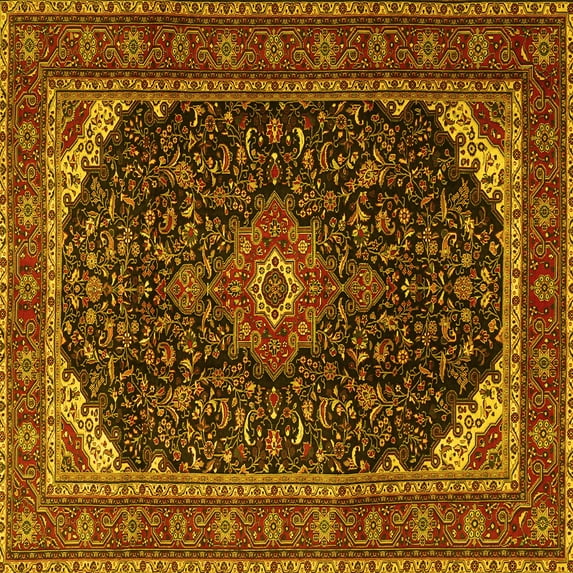 Ahgly Company Machine Washable Indoor Square Medallion Yellow Traditional Area Rugs, 8' Square