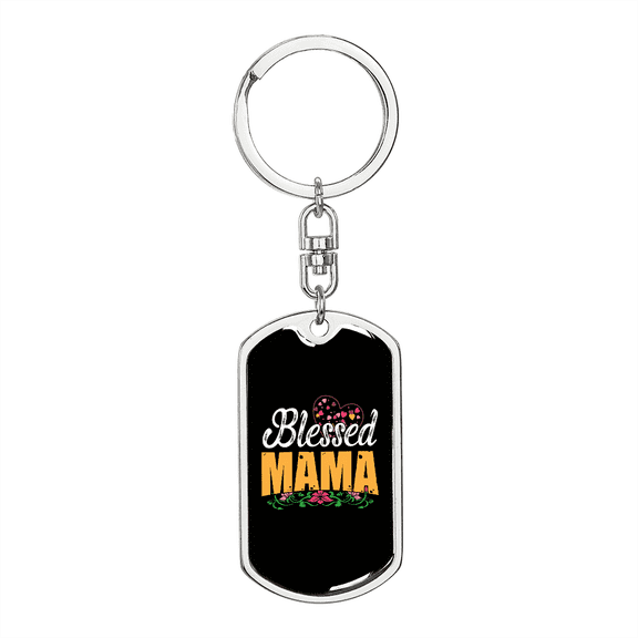 Blessed Mama Yellow  Mom Stainless Steel or 18k Gold Premium Swivel Dog Tag Keychain