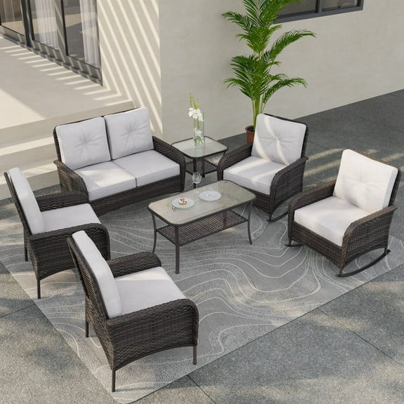 COOS BAY 7 Pieces Outdoor Patio Wicker Patio Conversation Set With Beige Cushions - Loveseat, Armchairs, Rocking Chairs and Tables