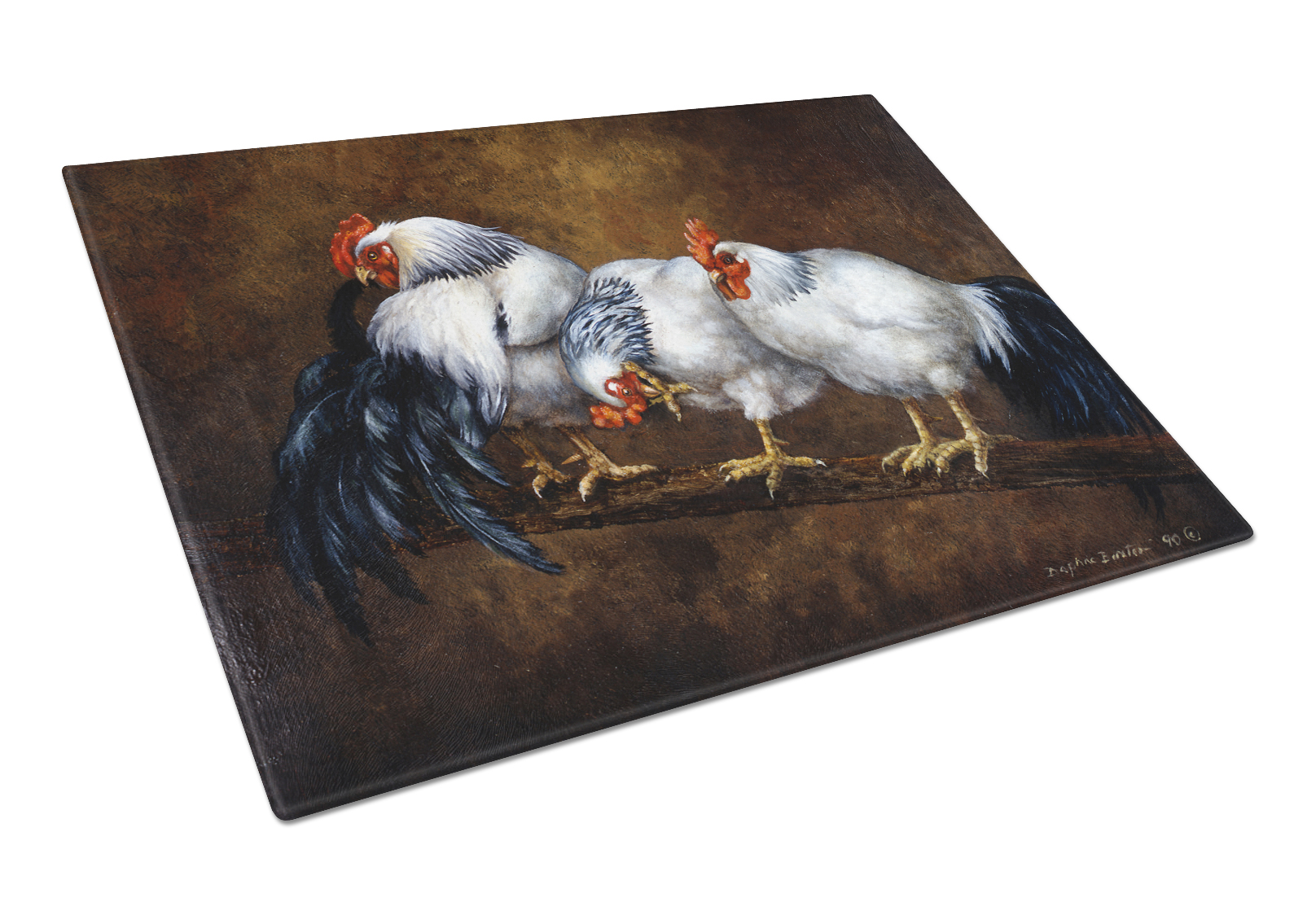 Roosting Rooster and Chickens Glass Cutting Board Large