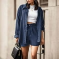 thumbnail image 6 of Roncen Women's Summer Two-Piece Set - Long Sleeve Shirt with Turn-Down Collar & High-Waisted Drawstring Shorts Casual Outfit, 6 of 7