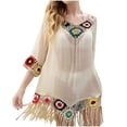 thumbnail image 2 of TMOYZQ Bohemian Summer Dress for Women Beach Swimsuit Cover Up Chiffon Hollow Out Floral Short Sleeve Sundress Casual Loose Tassel Beach Dress, 2 of 8