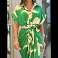 thumbnail image 3 of Vestido Camisero Fruncido con Botones para Mujer, Corta, Solapa, Cuello en V, Elegante Vestido Maxi Floral de Fiesta con Cinturón Verde M, 3 of 5