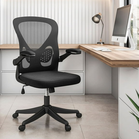 Techni Mobili Black Mesh Office Chair with Lumbar Support and Flip-Up Armrests, RTA-8050-BK
