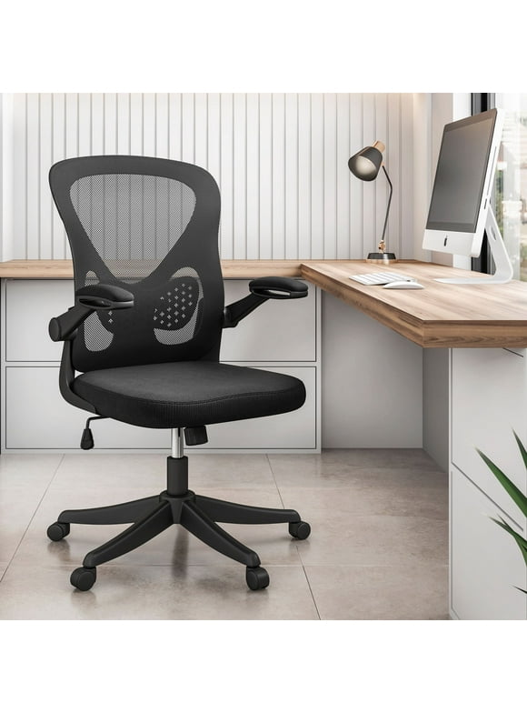 Techni Mobili Black Mesh Office Chair with Lumbar Support and Flip-Up Armrests