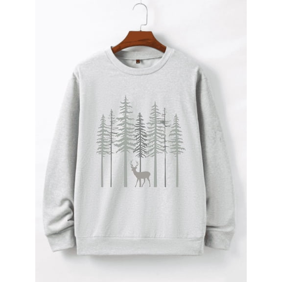 Whichone Deer & Pine Forest Print Sweatshirt - 100% Polyester, S-XXL, 3 Colors, Nature Outdoor & Casual Comfort