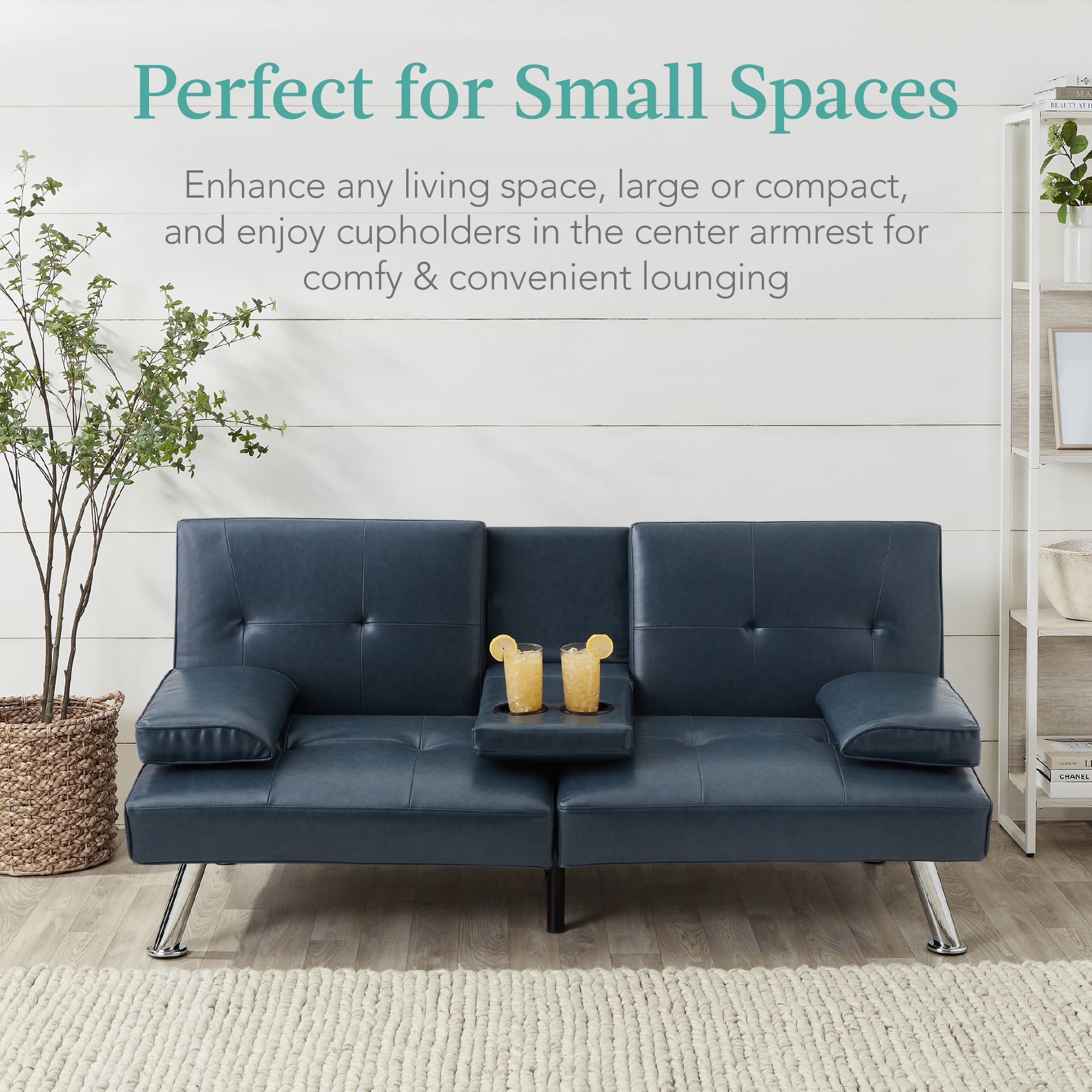 Best Choice Products Modern Faux Leather Convertible Futon Sofa w/ Removable Armrests, 2 Cupholders - Blue