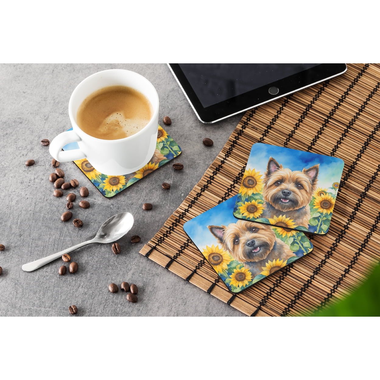 Cairn Terrier in Sunflowers Foam Coasters 3.5 in x 3.5 in