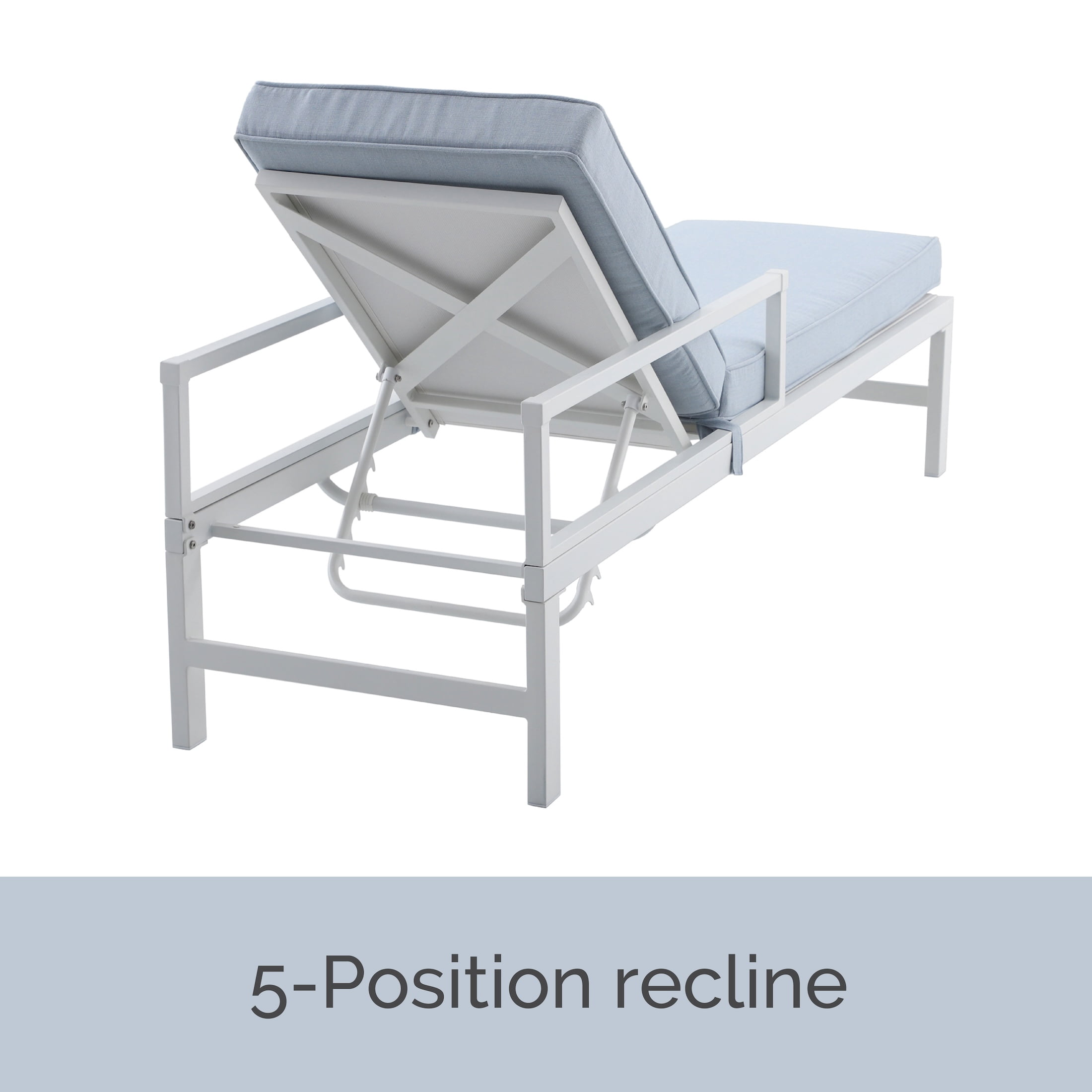 My Texas House Cambria Steel Outdoor Chaise Lounge, Blue Cushions with White Frame