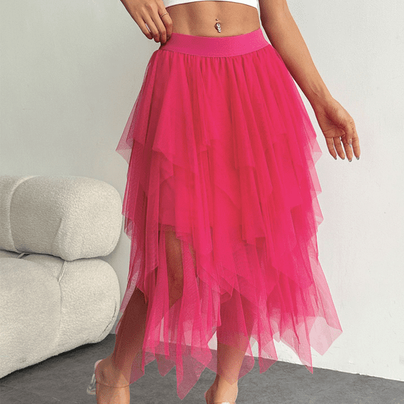 Women's Tulle Skirts High Low Layered Puffy Fairy Skirts Midi Length Irregular Tutu Skirt Rose red M