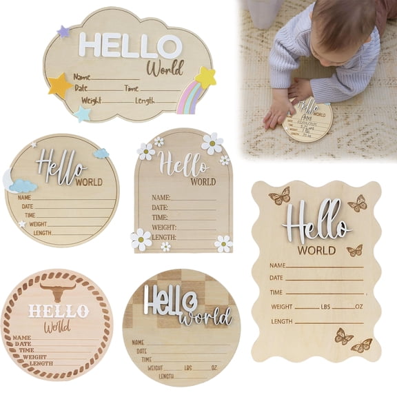 Dserhfy Baby Announcement Sign Hello World Newborn Sign Wooden Birth Announcement Sign Keepsake Baby Shower Gift for Nursery Decor Photo Prop