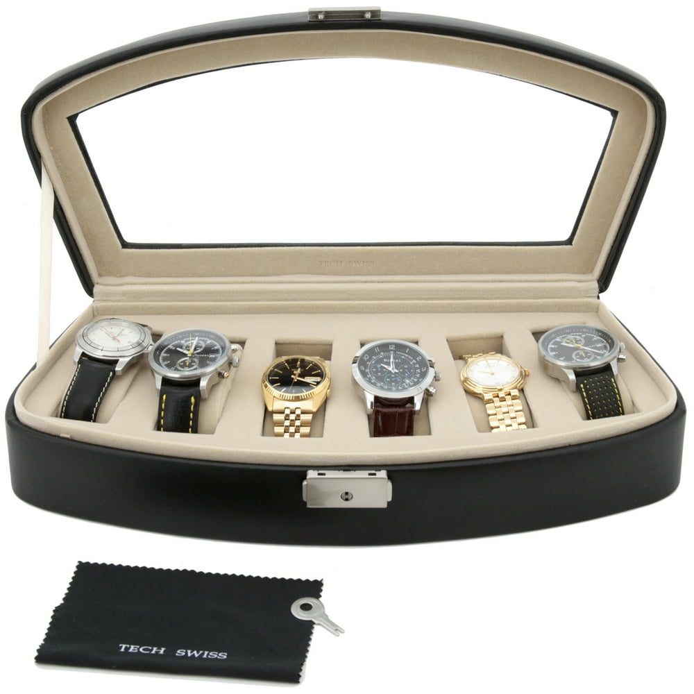 Tech Swiss Watch Box Storage Case For 6 Watches Black Leather Lock