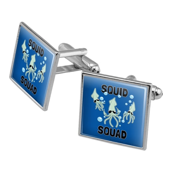 Squid Squad Ocean Aquatic Funny Humor Square Cufflink Set - Silver or Gold