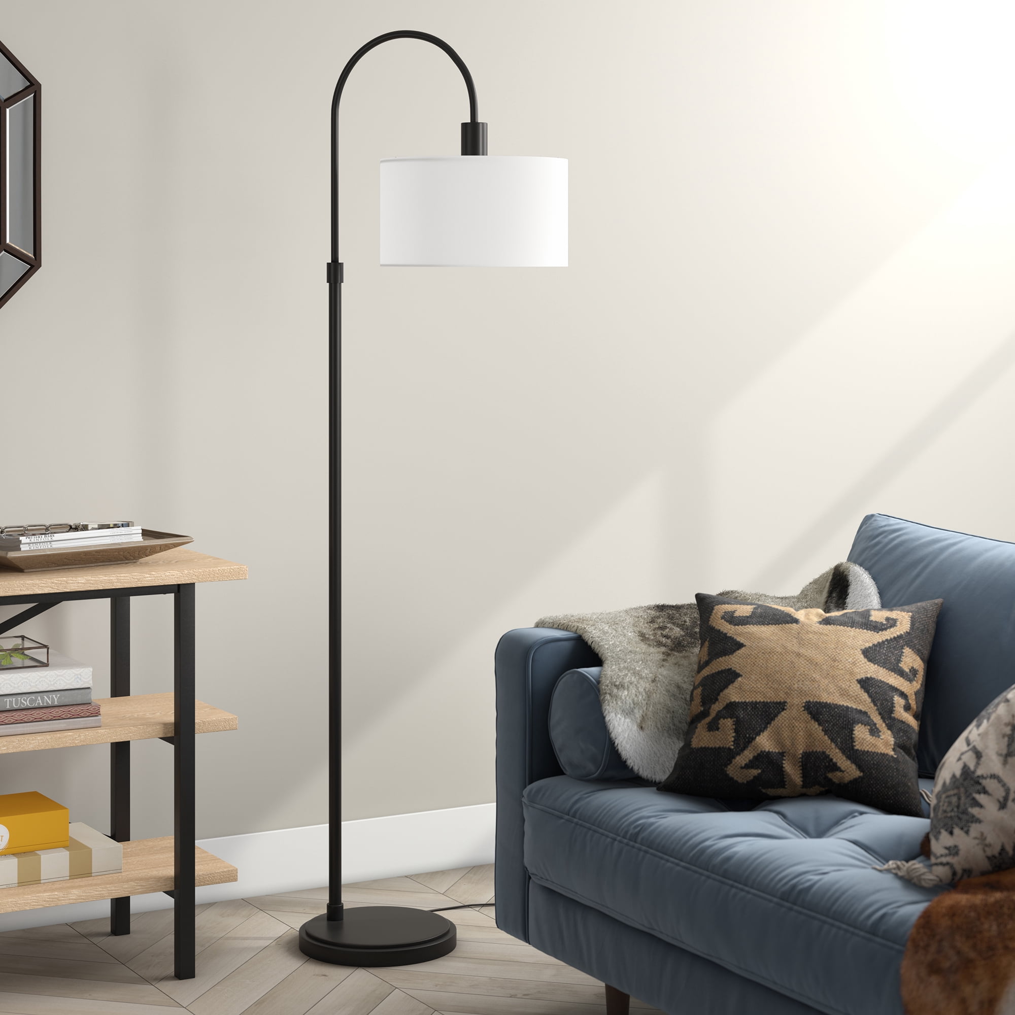 Evelyn&Zoe Veronica Arc Floor Lamp with Fabric shade in Blackened Bronze/White
