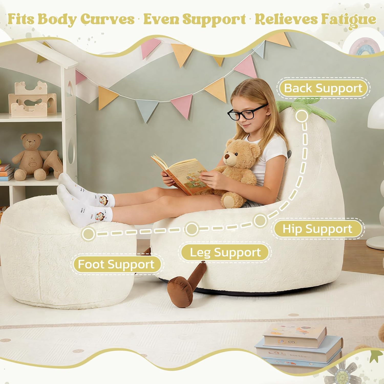 Simple Deluxe 2 ft Kids Bean Bag Chair, Faux Rabbit Fur Round Sofa with Handle and Washable Cover, Beige