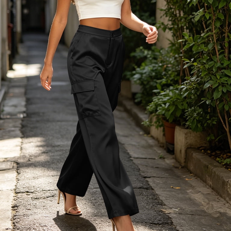 black satin dress pants women Women's Silky Satin Wedding Dressy Casual Elastic Waist Pants Party Club Wear Trousers Black at Amazon Women's Clothing store