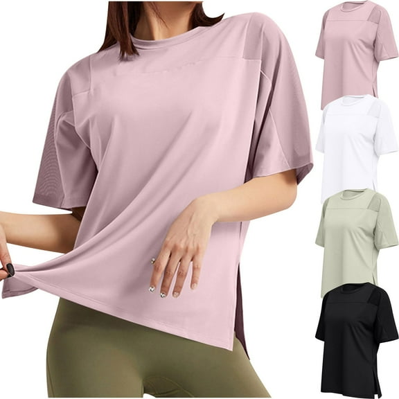 FRSASU Workout Tops for Women Solid Short Sleeve Yoga Shirts Sports Gym Sun Protection T shirts Running Top White XL(XL)