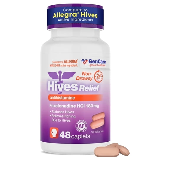 GenCare 24hr Hives Relief Allergy Medicine for Adults & Kids 12  – Fexofenadine 180mg 24 Hour Non Drowsy Antihistamine Formula – Nondrowsy Allergy Relief Tablets – Generic for Allegra Hives (48 Count